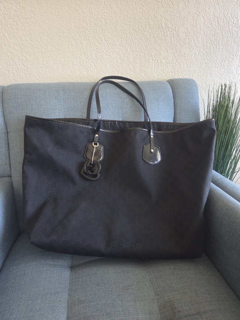 Gucci Black GG Canvas and Patent Leather Jolie Tote Bag Large